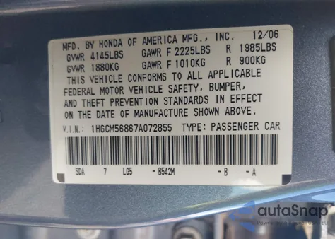 2007 Honda Accord 2.4 Ex from USA, damaged, VIN 1HGCM56867A072855